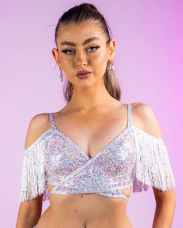 White Diamond Rodeo Fringe Wrap Top Laid