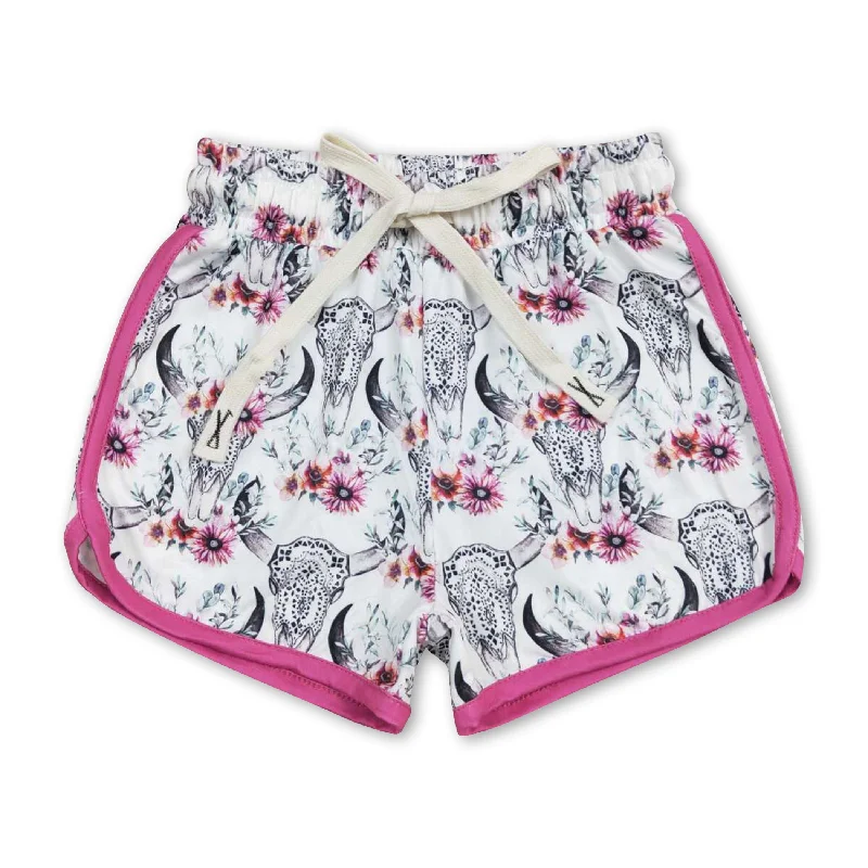 Floral bull skull baby girls summer shorts