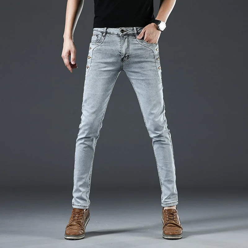 Men's Cotton Solid Pattern Mid Waist Fashion Button Pocket Slim Fit Jeans Relaxed Men's Australian 
