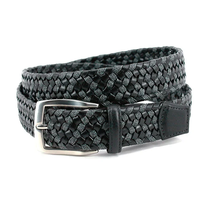 Torino Italian Braided Leather & Linen Elastic Belt - Black/Grey