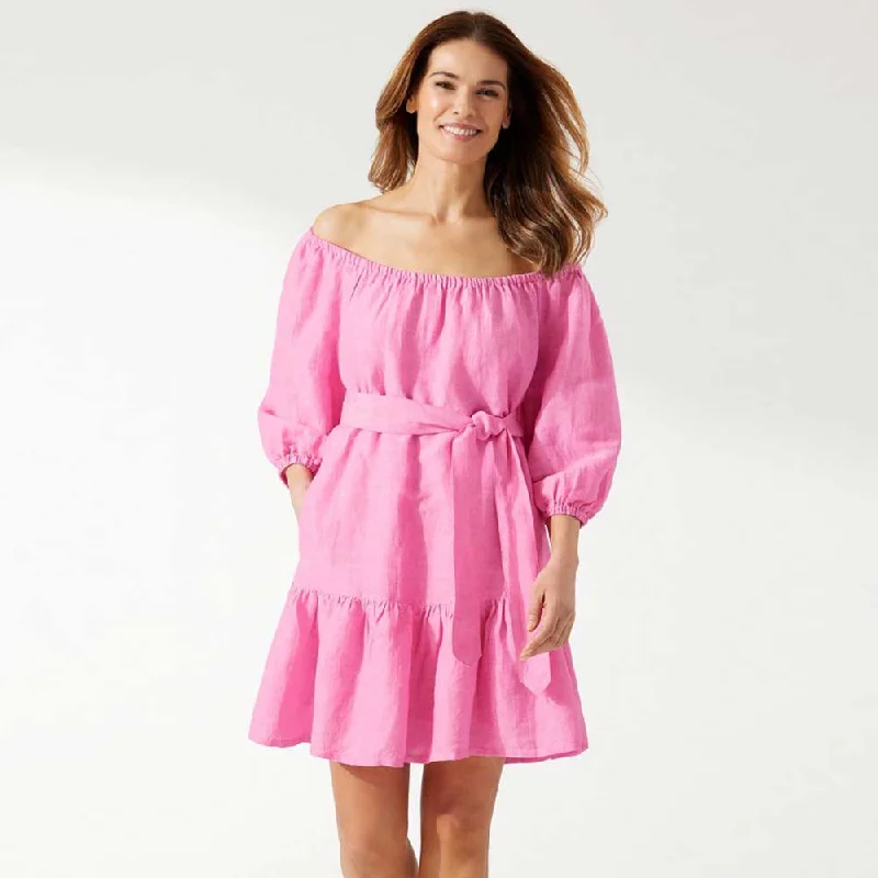 Tommy Bahama St. Lucia Off The Shoulder Tiered Dress Cover Up - Preppy Pink Vintage Men's 1970S Disco