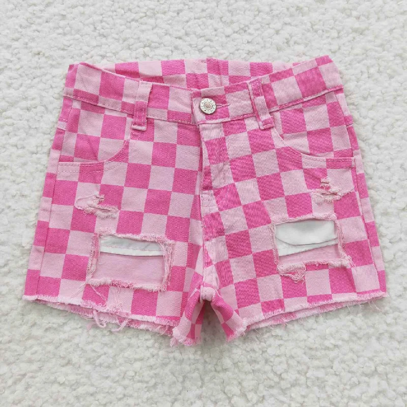 SS0092 Pink Plaid Distress Girls Shorts Denim Jeans