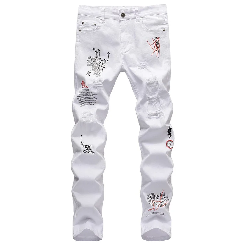 Men's Letters Embroidery Printed Stretch Slim Straight Denim Pants Earthy Men's Sustainable 