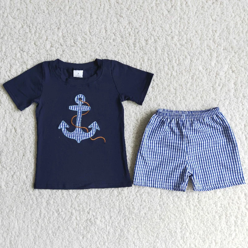 Clearance D12-17 Boat spear embroidered blue check seersucker shorts high quality