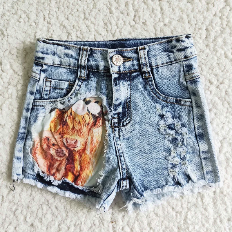 SS0024 Highland Cows Blue Distress Girls Shorts Denim Jeans