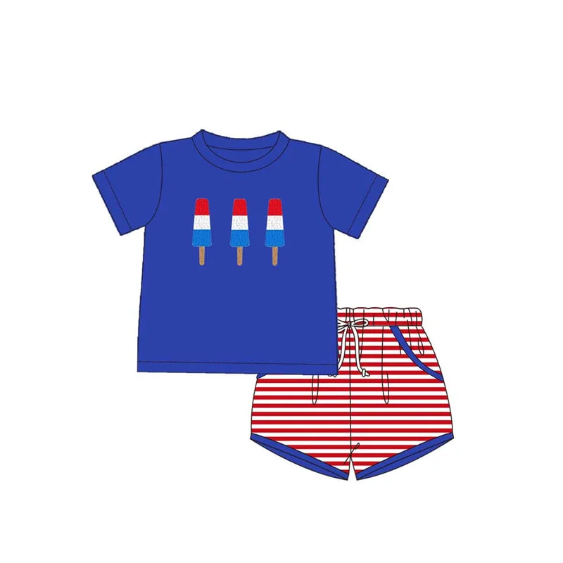 Preorder BSSO1250 National Day Outfit Blue Purple Popsicle Red Striped Shorts  Boys boutique summer sets 202501