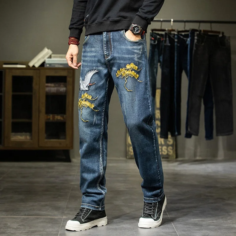 Men's Chinese Style Denim Embroidery Straight Leg Casual Trousers Preppy Men's College