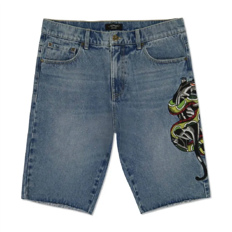 Men's Panther Snake Denim Skater Short In Medium Vintage Casual Men's Loose