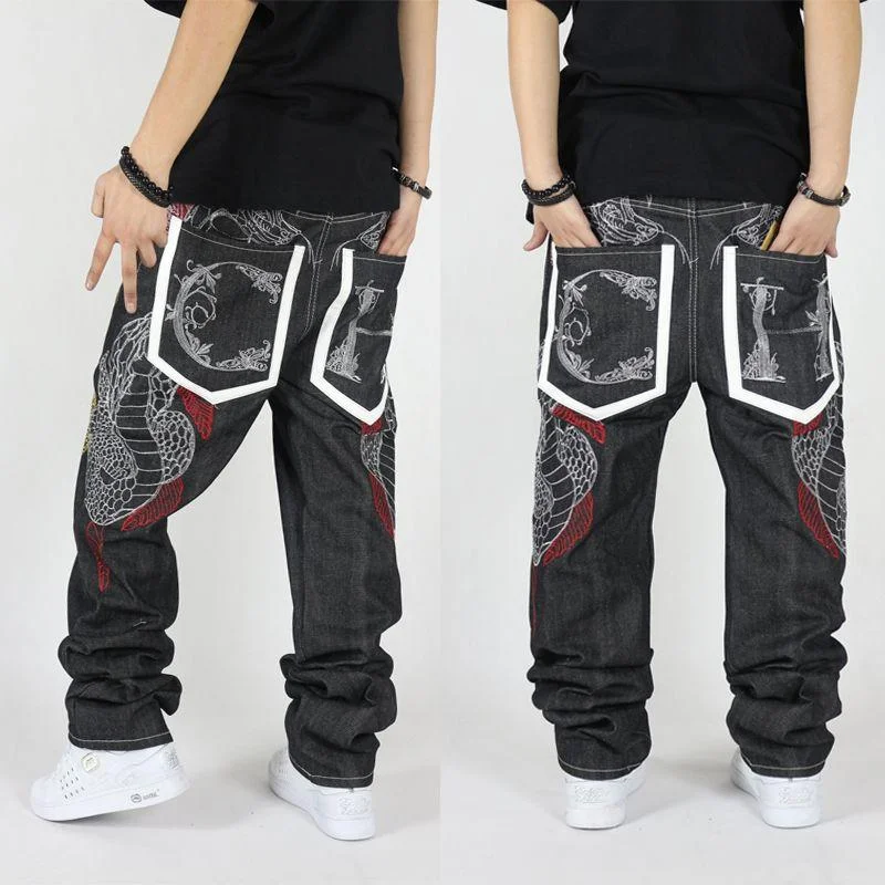 Male Plus Size Hip Hop Jeans Loose Denim Pants with Snake Embroidery Trendy Men's Oversized