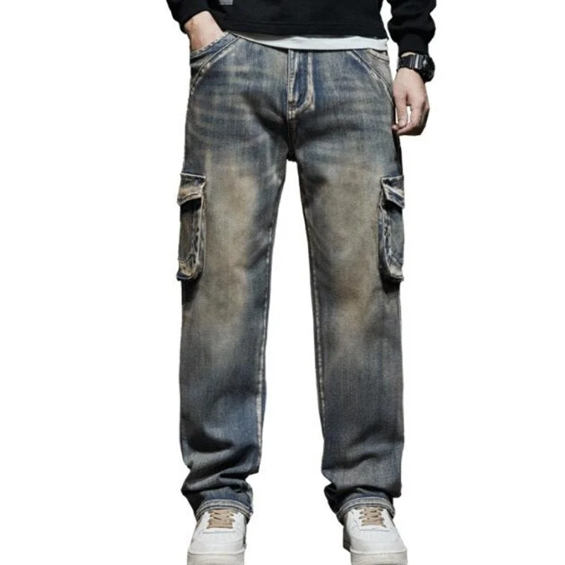 Men's Hip Hop Casual Mid-Waist Straight Leg Baggy Denim Trousers Gym