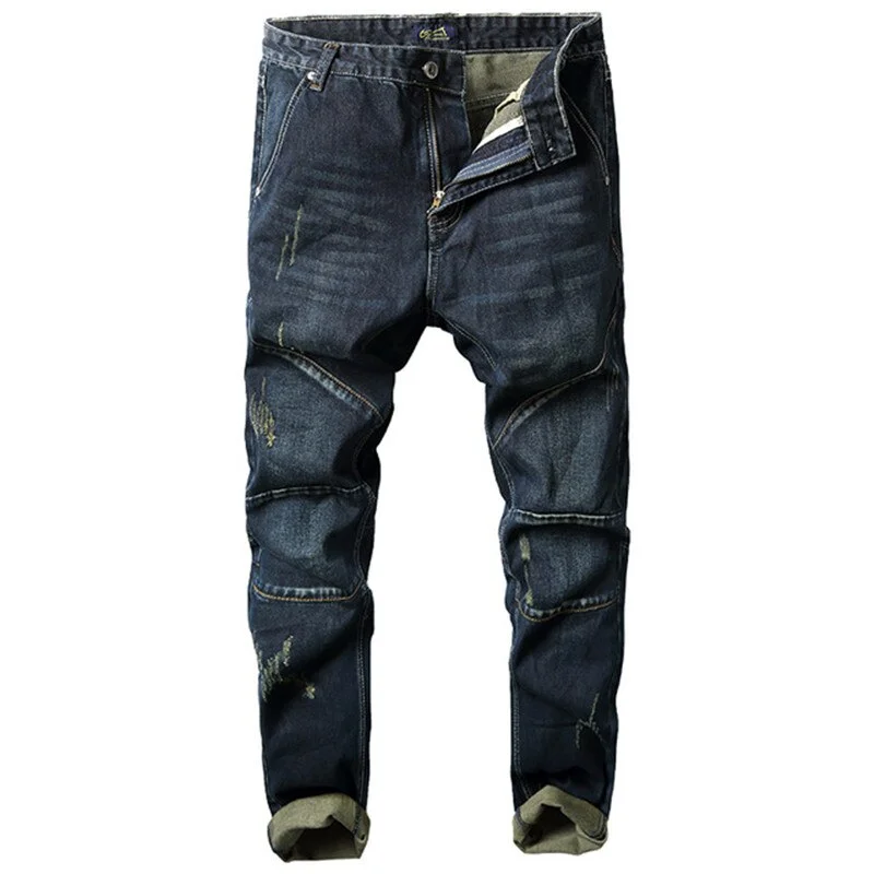 Men's Winter Leisure Solid Mid-Waist Distressed Denim Skinny Pants Laid