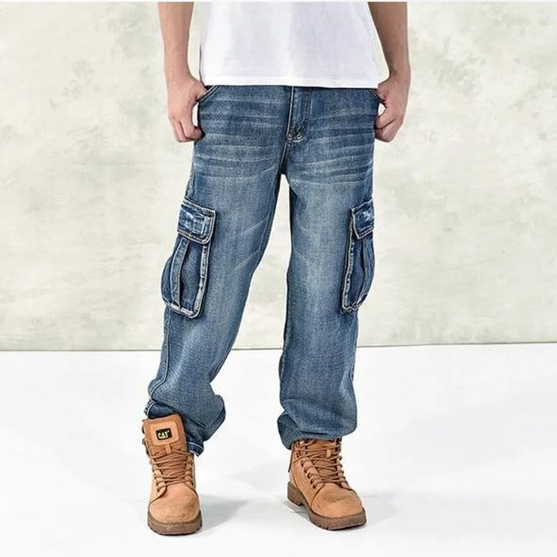 Men's Hip Hop Mid Waist Loose Fit Skateboarders Straight Leg Pants Luxurious Men's High