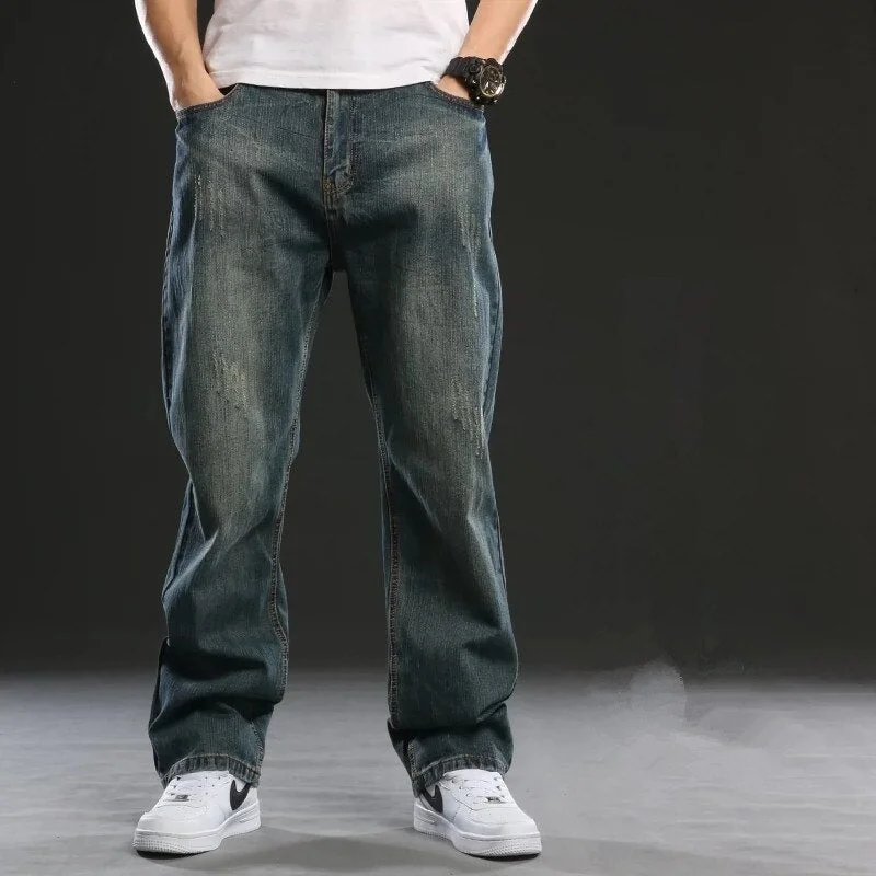 Men's Casual Denim Retro Style Washed Loose Fit Straight Jeans Pants Cool Men's Distressed