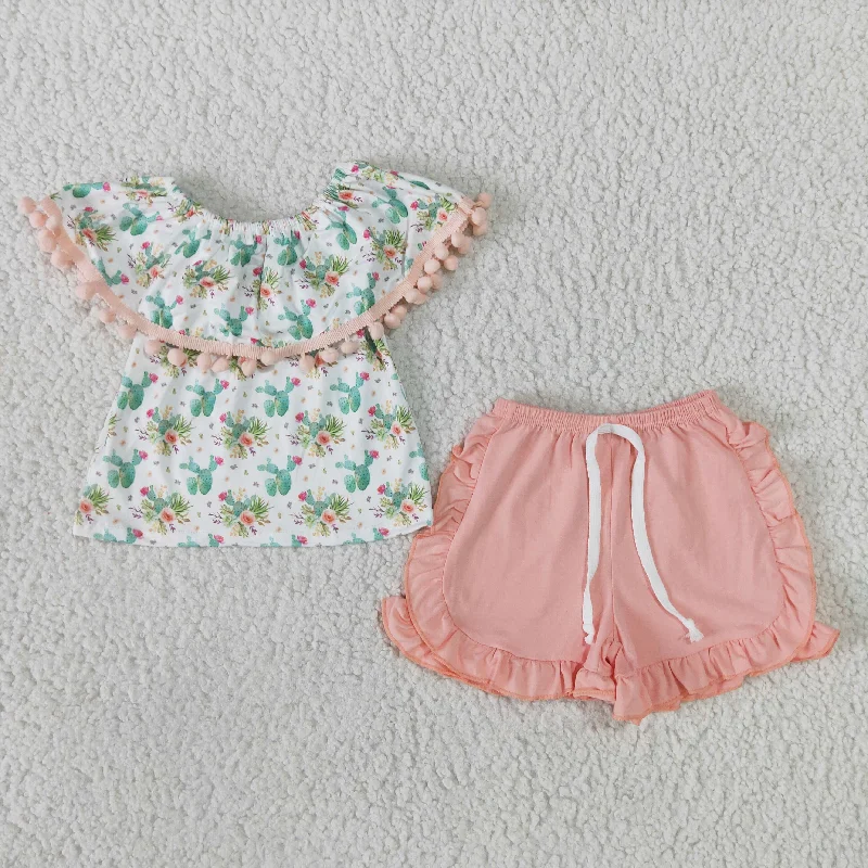 Clearance GSSO0103 Girls cactus one-shoulder pink bow shorts set high quality