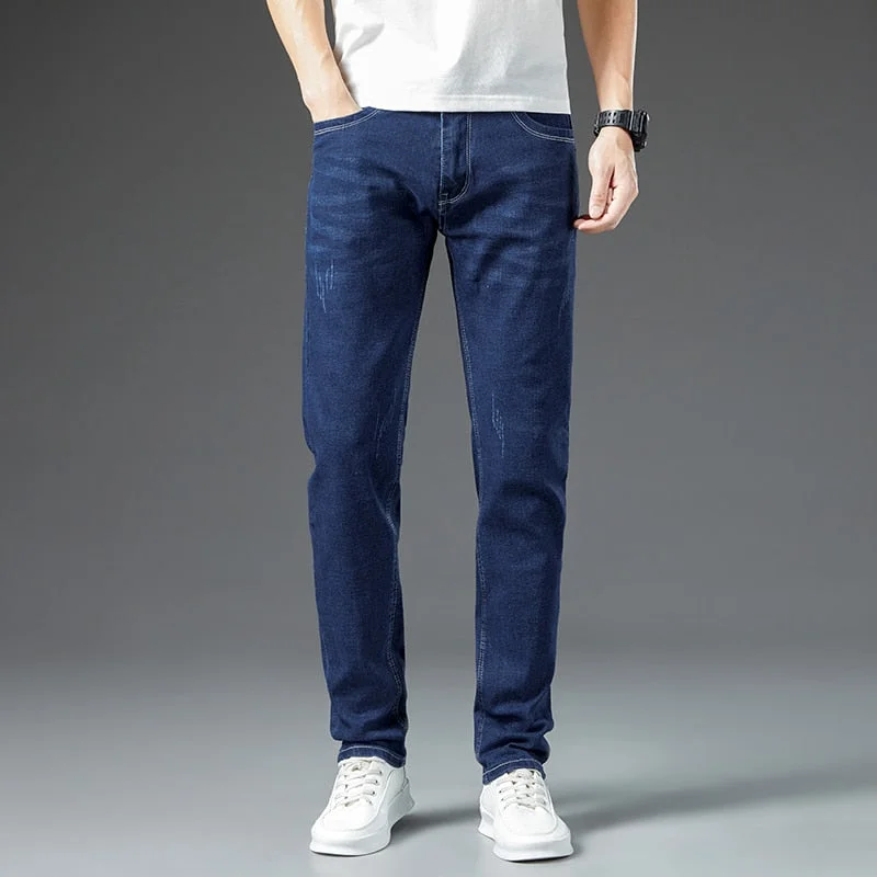 Men's Denim Mid Waist Slim Fit Business Casual Straight Leg Pants Preppy Men's College