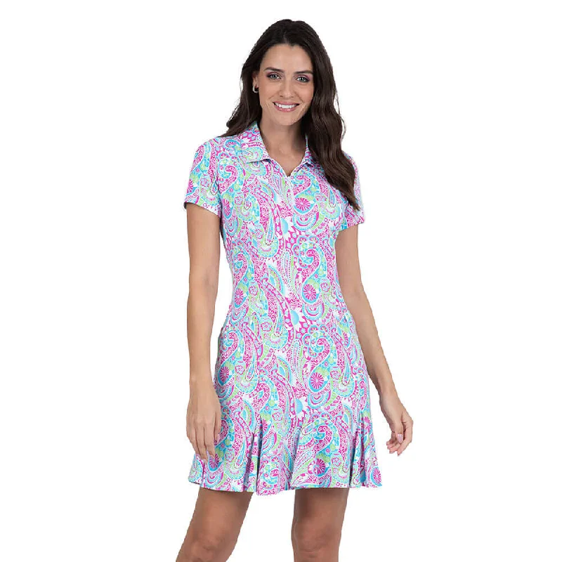 IBKUL Women's Gloria Print Short Sleeve Polo Dress - Hot Pink/Turquoise Elegant Men's Cashmere