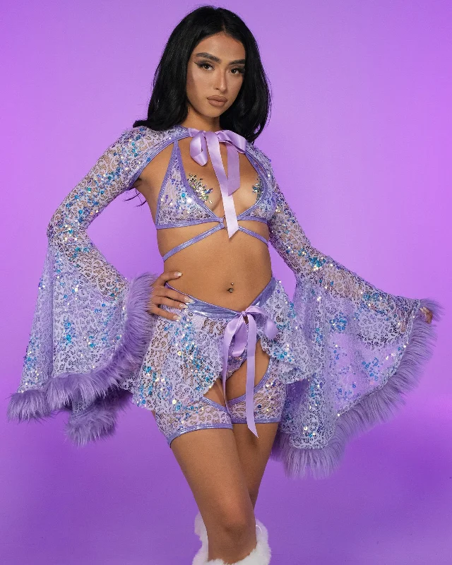 Lilac Sequin Fur-Trimmed Shrug Dapper Men's Bow