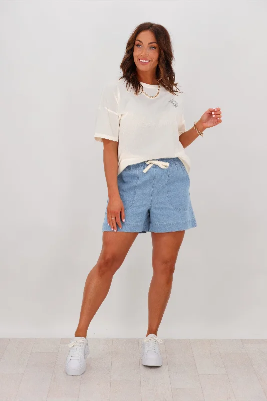 Shine On Label Anderson Chambray Elastic Waist Shorts Monochromatic Office Style