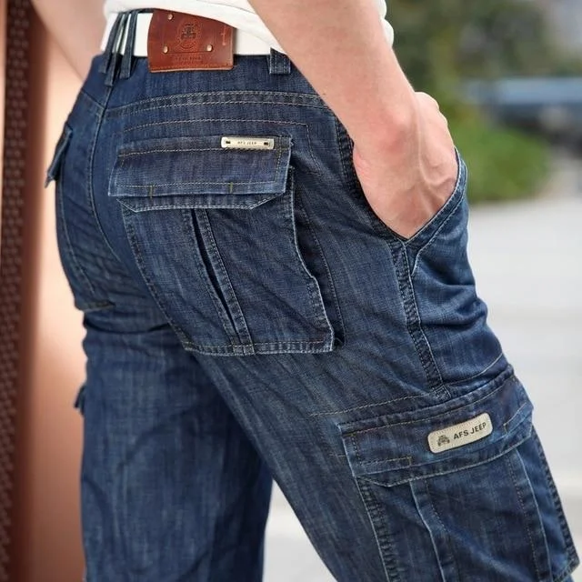 Big Size 29-40 42 Cargo Multi Pocket Jeans for Men in Casual Military Style Monochromatic All