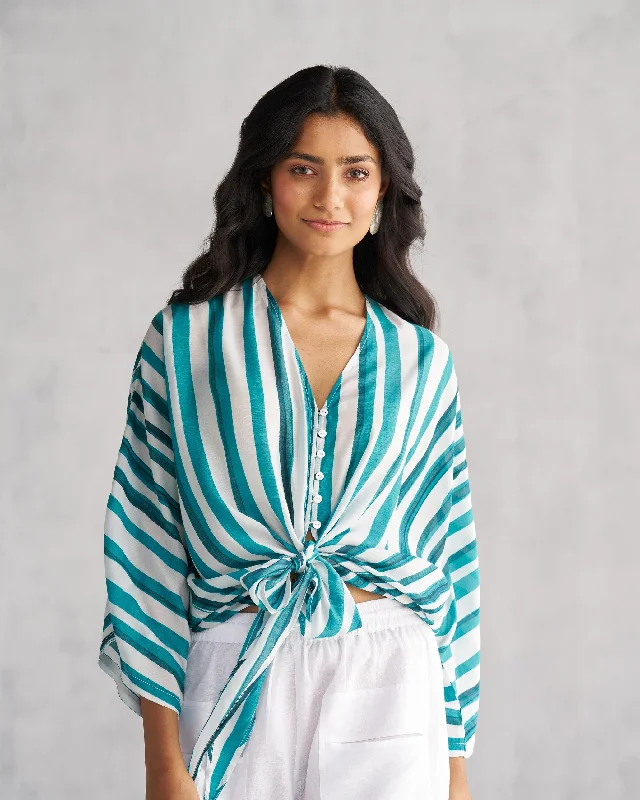 Front Knot Top - Teal & White Tssxnb Trendy Men's Oversized
